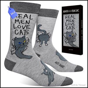 Novelty Crew Socks for Men, Cotton Blend, Humorous Cat Design, Gift Ready